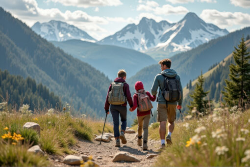 Turista oblečený do ľahkého funkčného oblečenia kráča po horskom chodníku počas jarnej alebo letnej túry.
